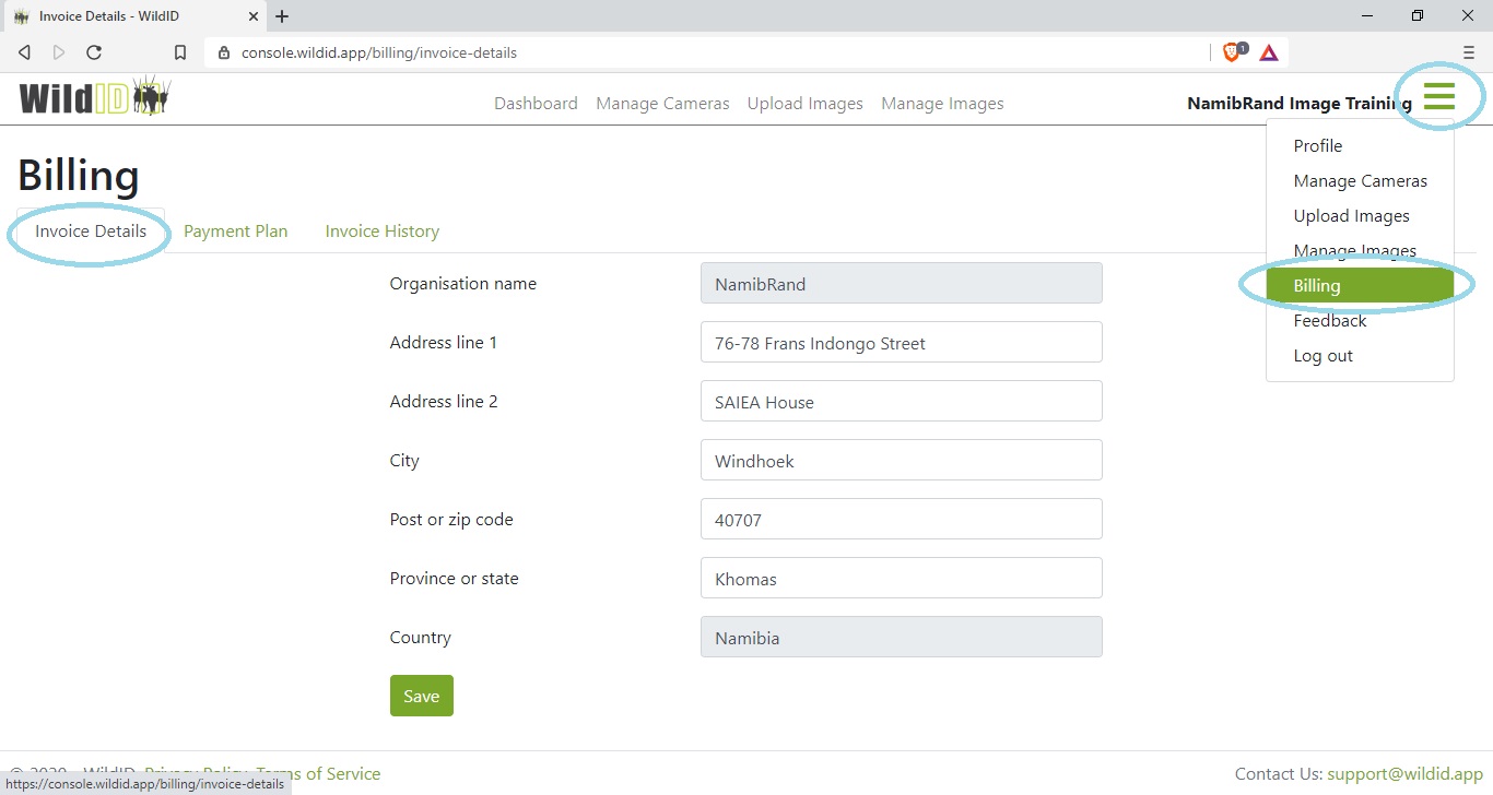 Example WildID screen showing Billing Invoice Details section and access from dropdown menu.