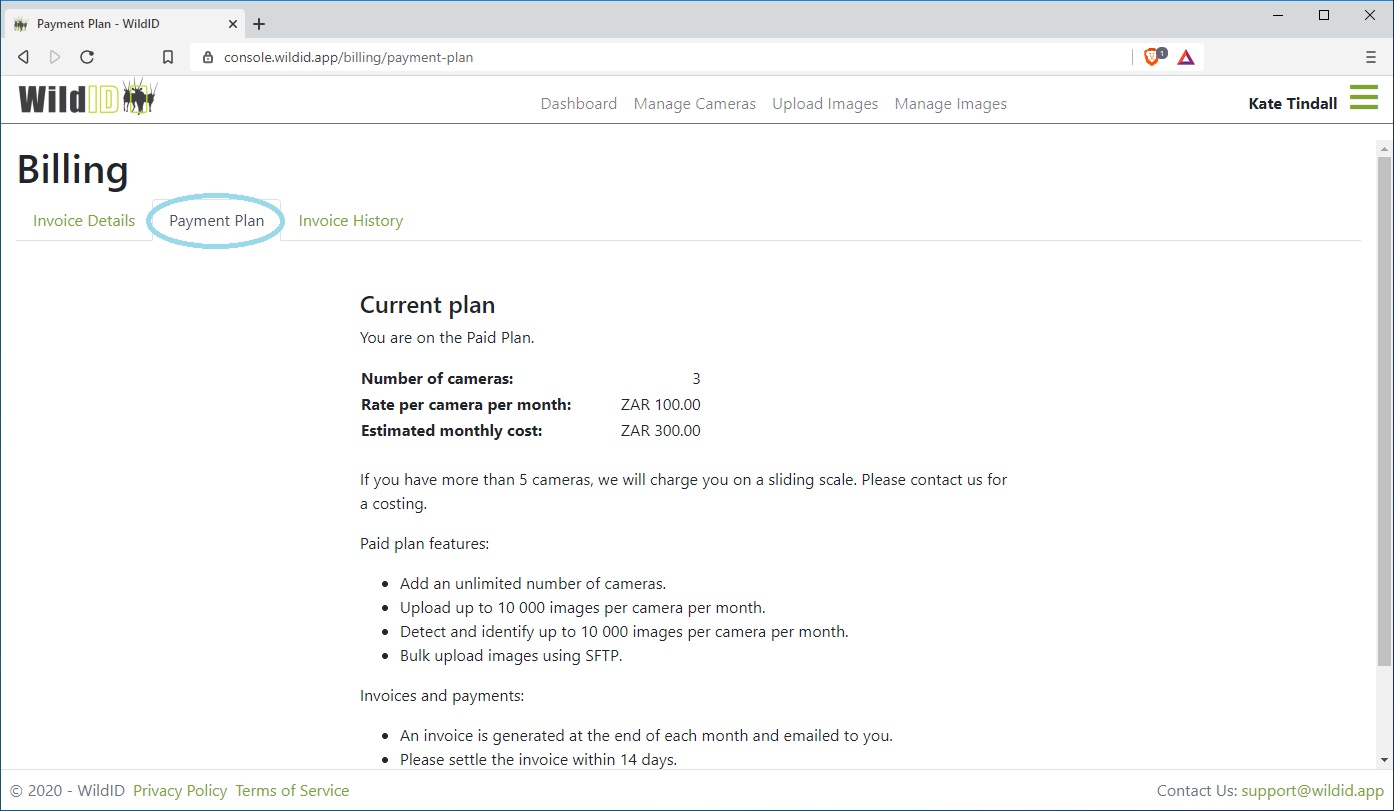 Example WildID screen showing Billing Payment Plan section on a paid plan.