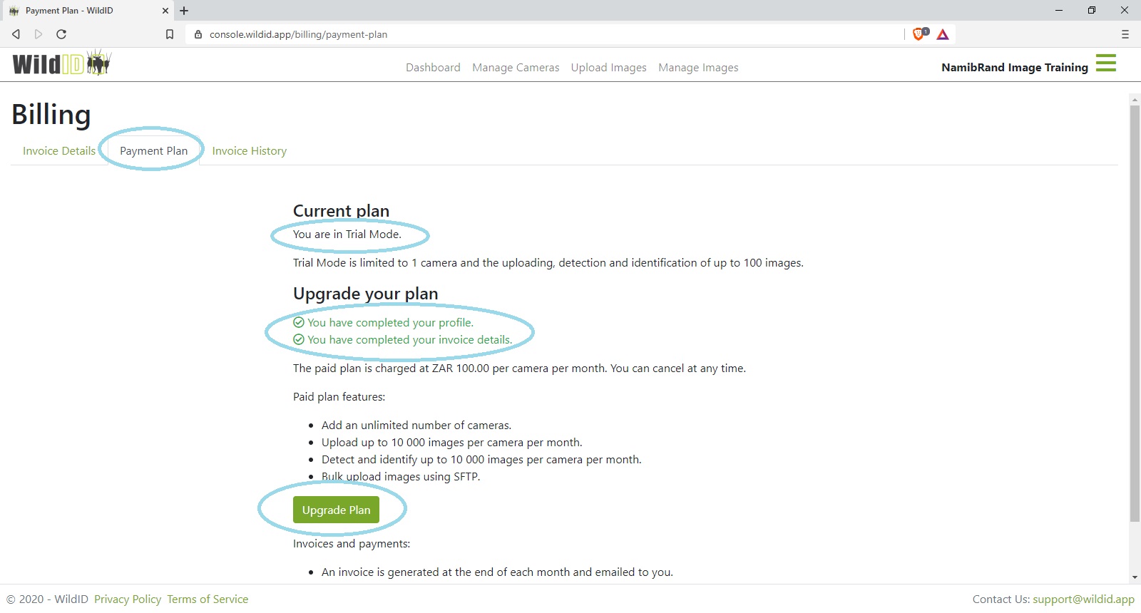 Example WildID screen showing Billing Payment Plan section in Trial mode.