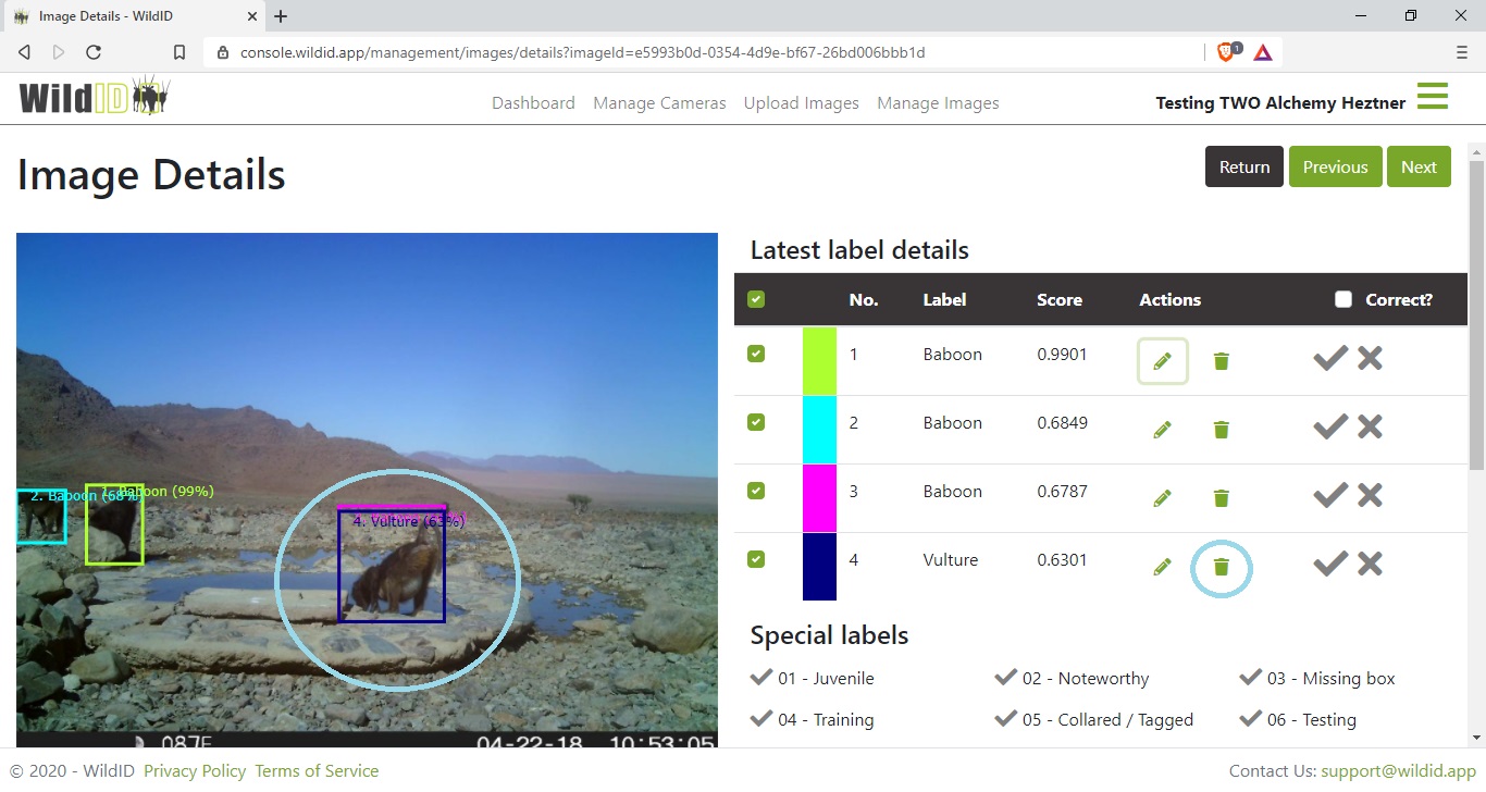 Example WildID screen showing Images Details screen showing delete extra box or label icon.