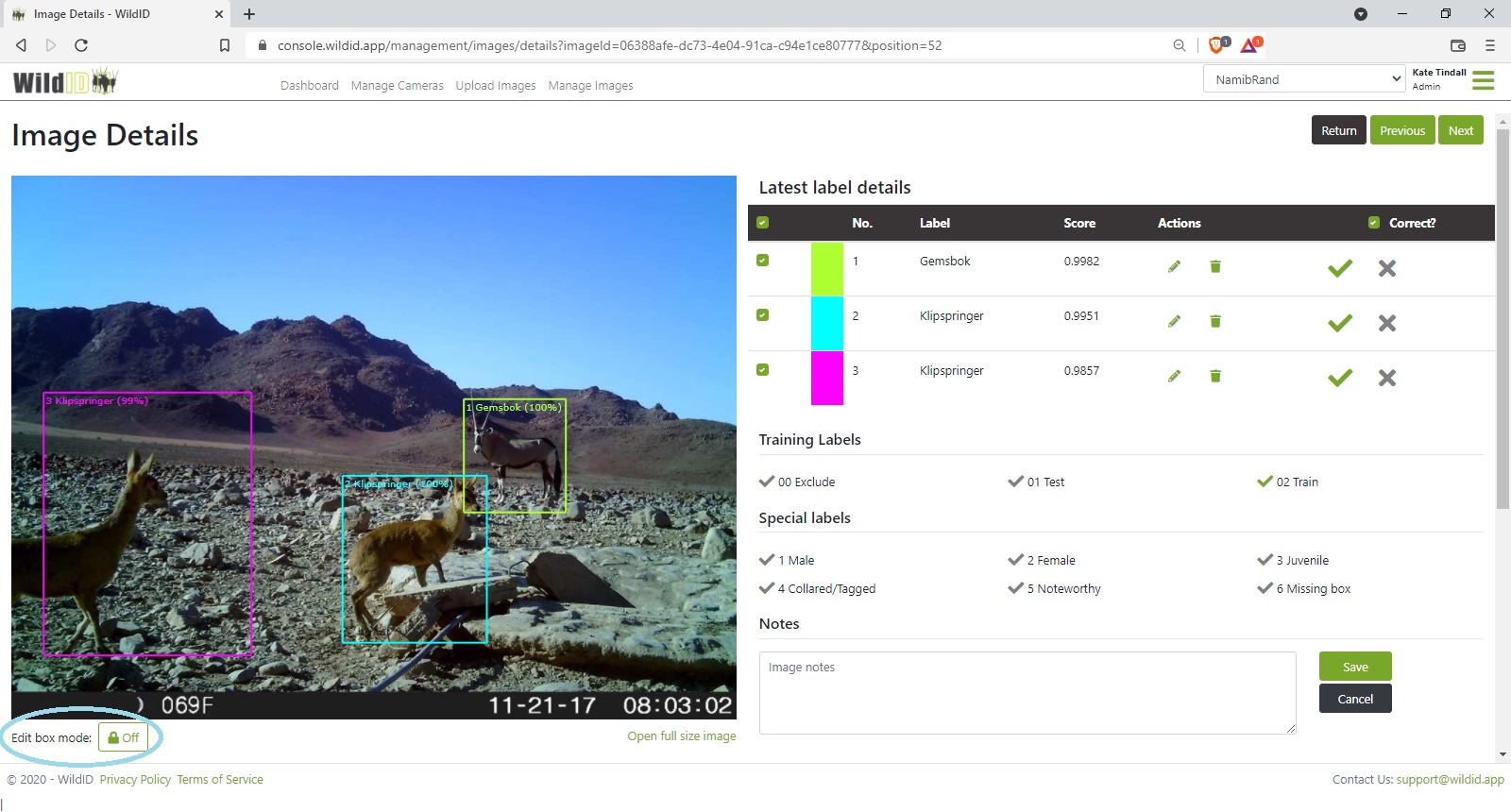 Example WildID screen showing switching to Edit box mode to edit detected boxes on a camera trap image.