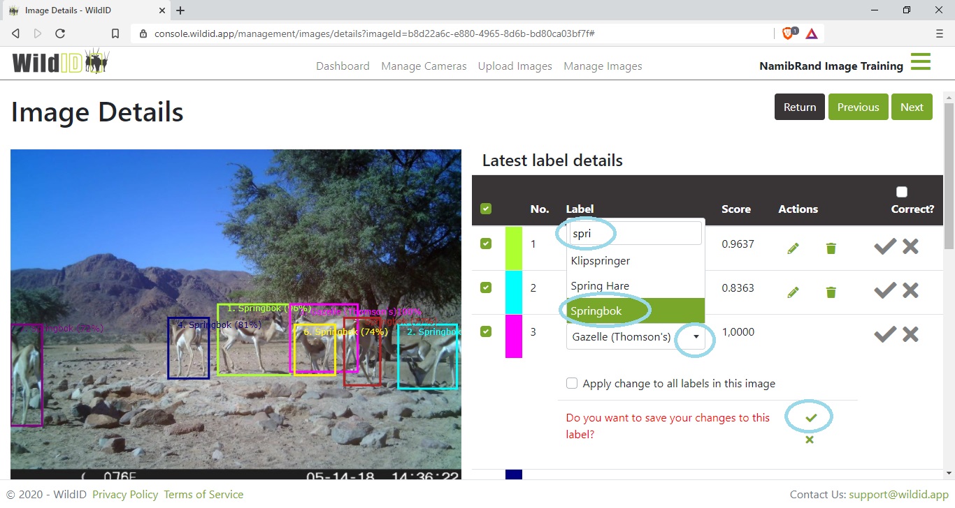 Example WildID screen showing Images Details screen showing edit species label dropdown.