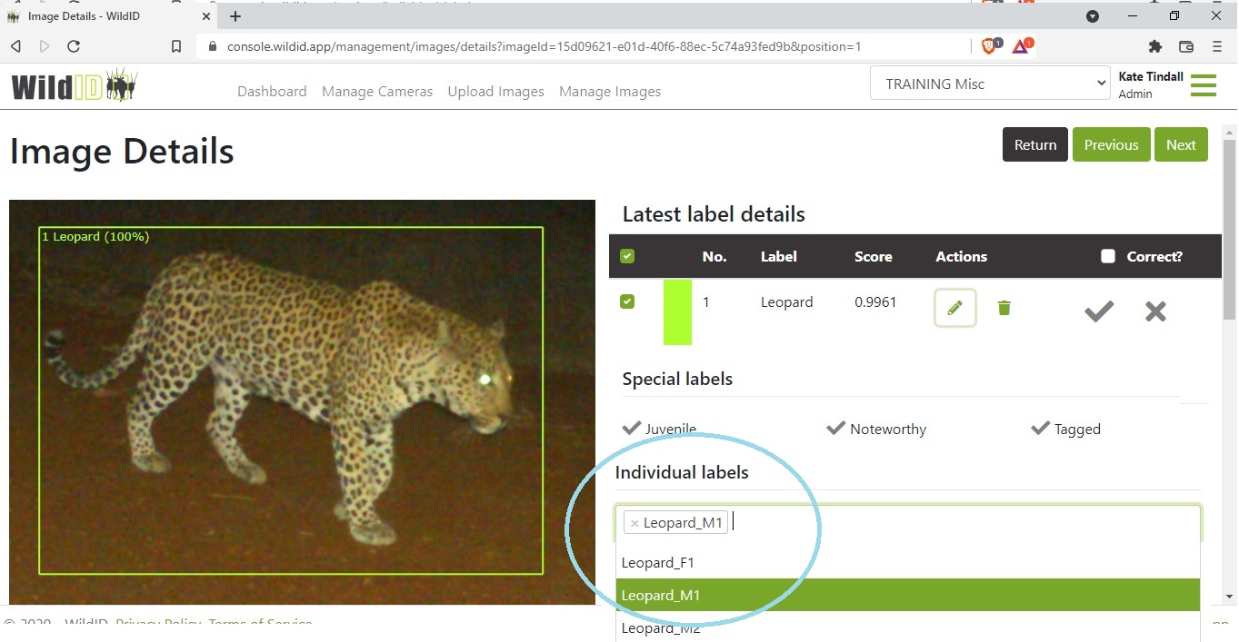 Example WildID screen showing Images Details screen showing individual label being added.