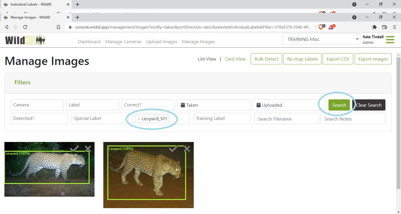 Example WildID screen showing for all images marked with an individual label.