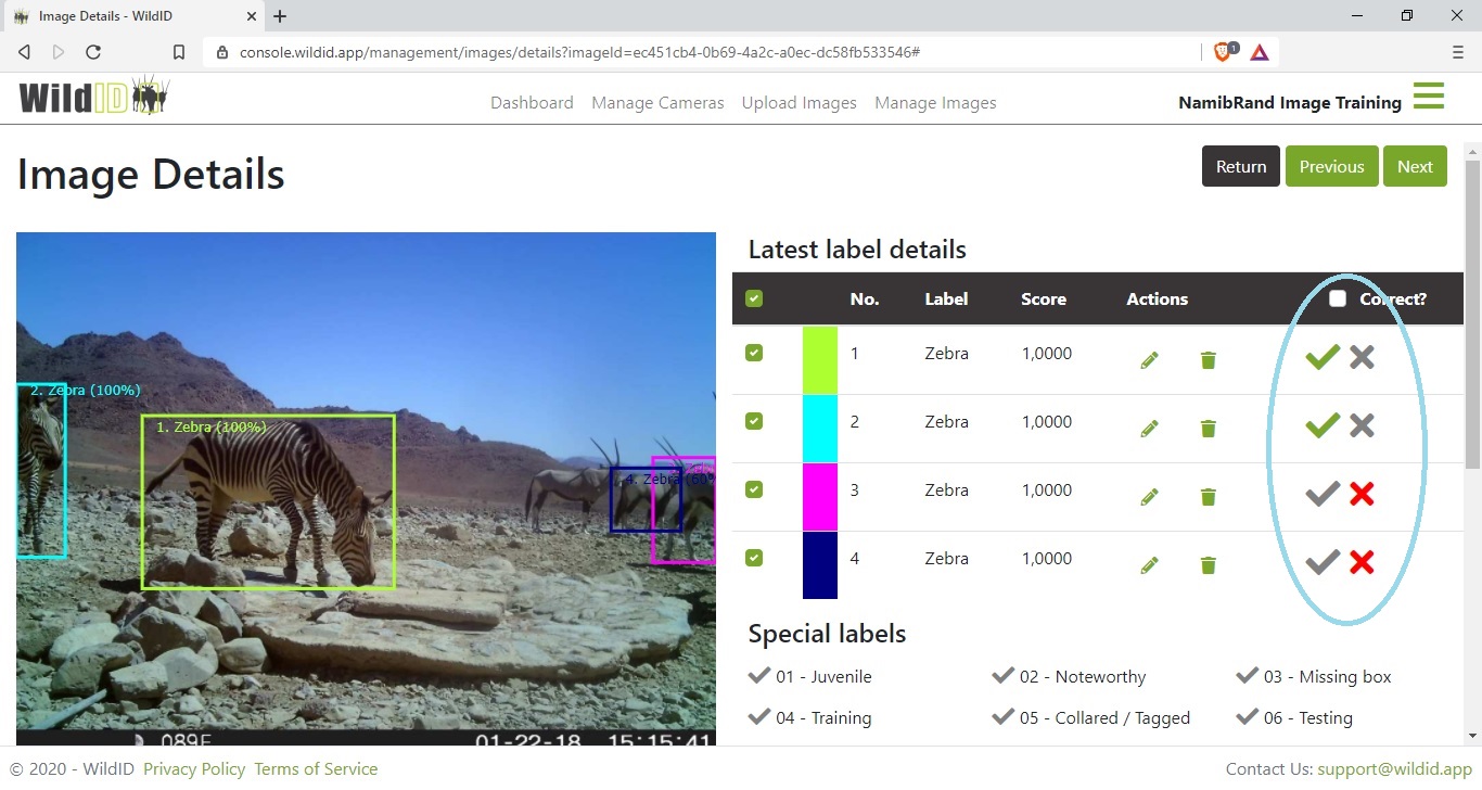Example WildID screen showing Images Details screen showing verication correct and incorrect icons.
