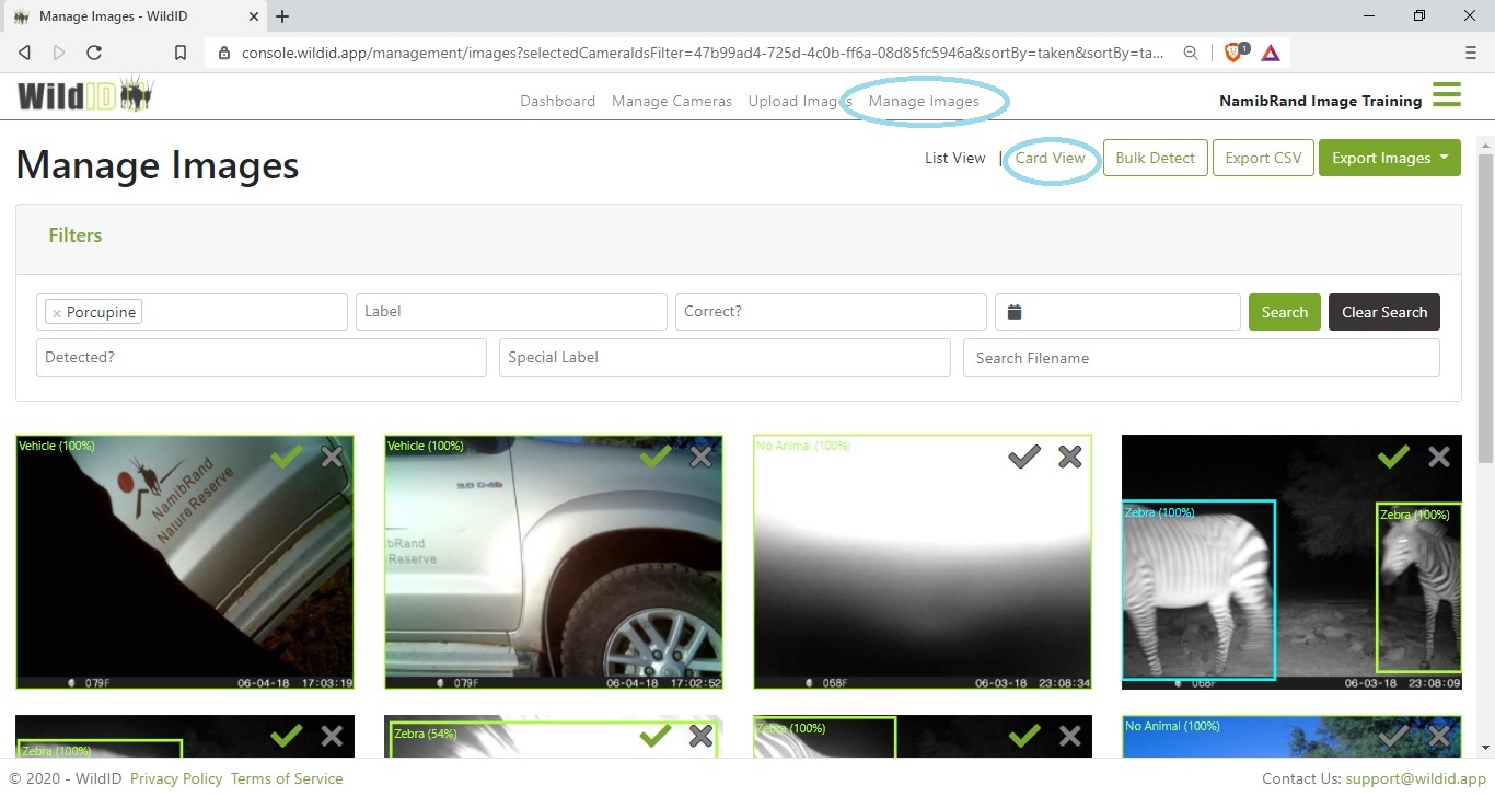 Example WildID screen showing Manage Images in Card view.