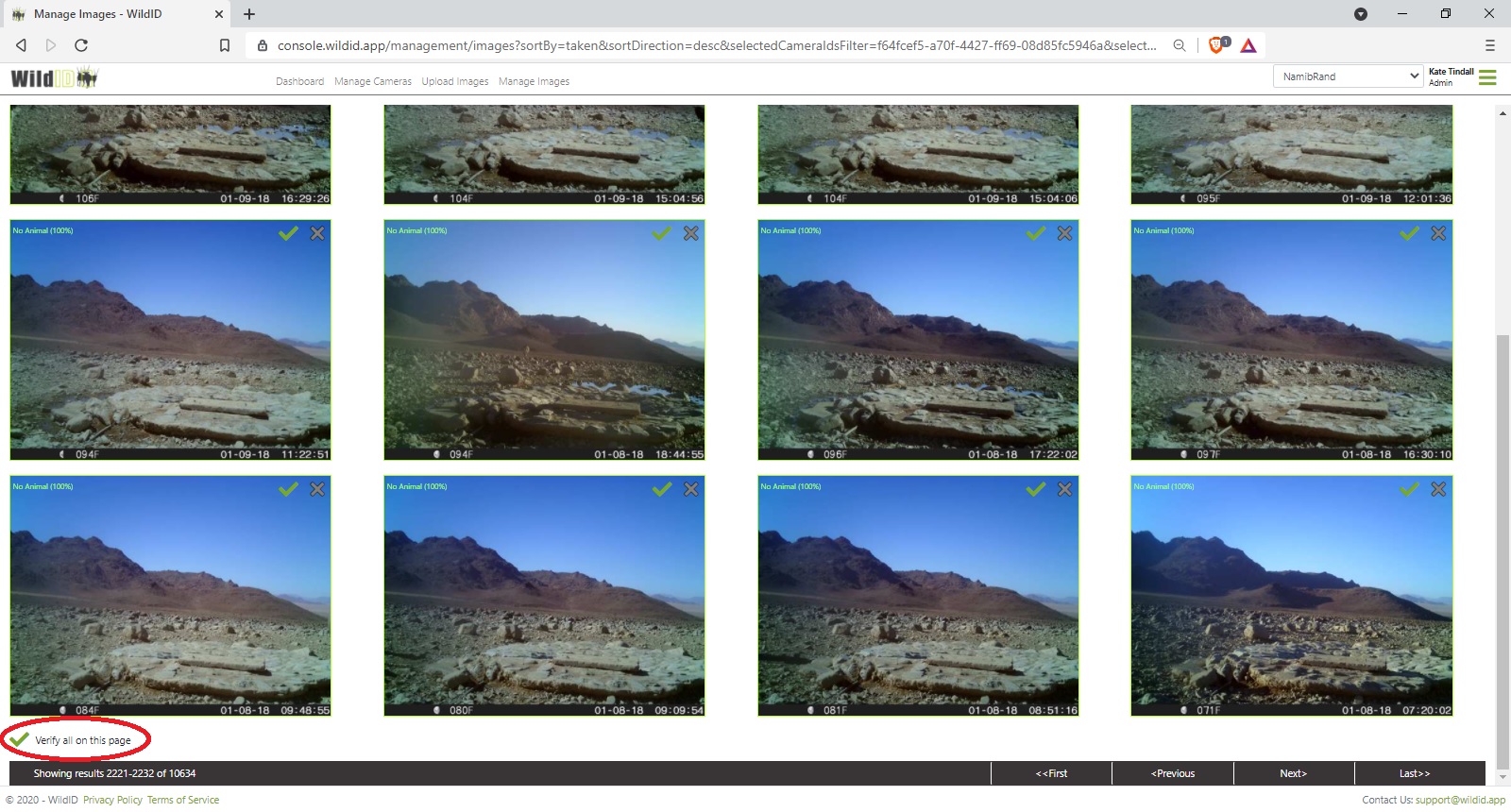 Example WildID screen showing verifying all images in search result page in one go.