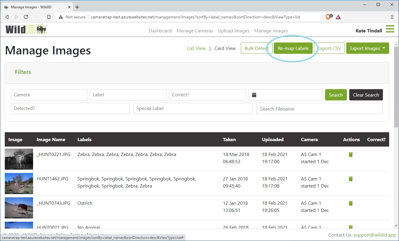 Example WildID screen, showing Manage Images page, re-map labels.