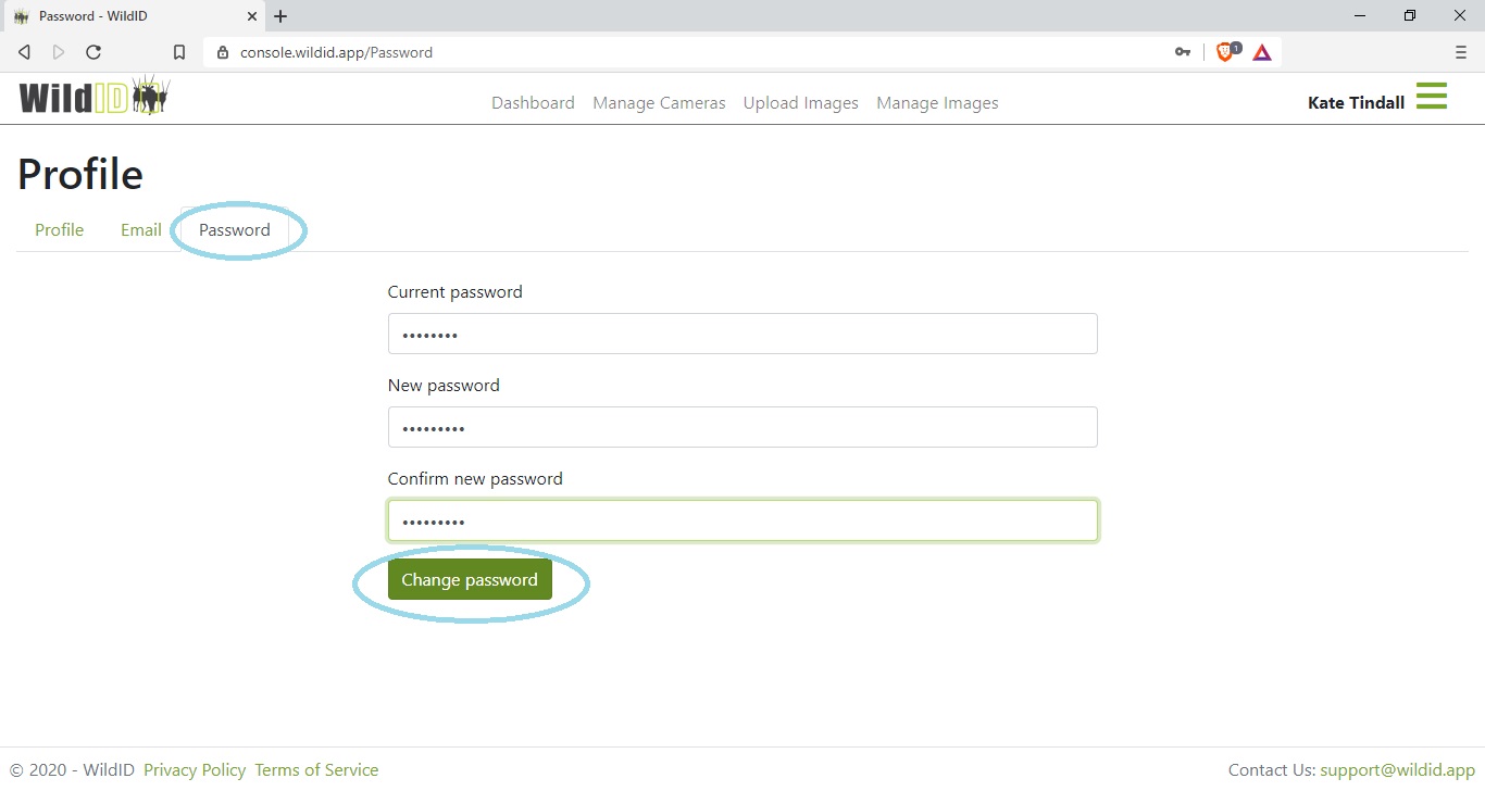 Example WildID Profile section showing how to change your password.