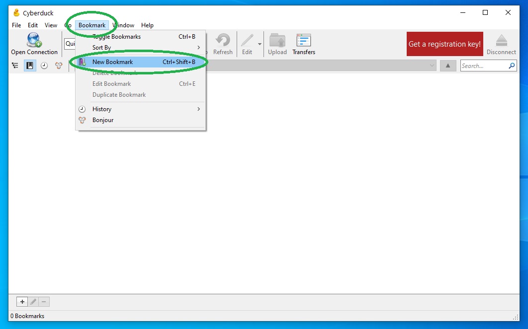 Example Cyberduck screen showing SFTP bulk upload to WildID - New bookmark menu.
