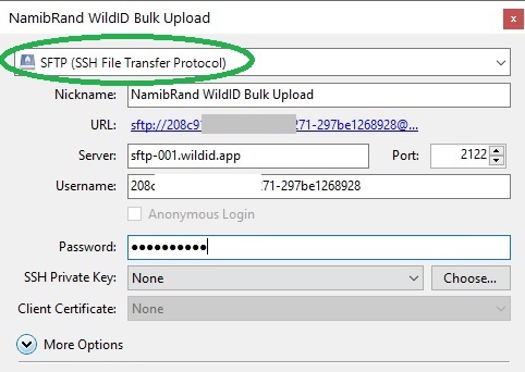 Example Cyberduck screen showing SFTP bulk upload to WildID - enter bookmark details.