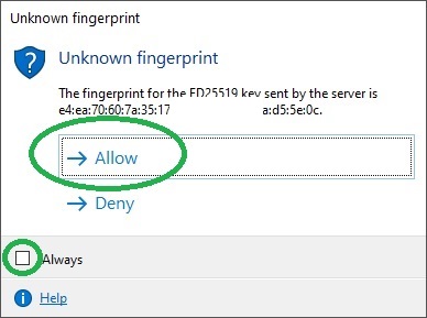 Example Cyberduck screen showing SFTP bulk upload to WildID - unknown fingerprint.