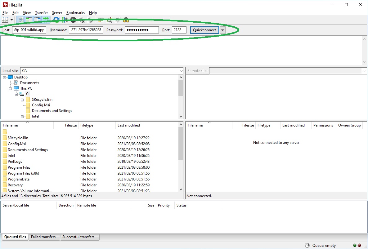 Example FileZilla screen showing SFTP bulk upload to WildID - enter connection details.