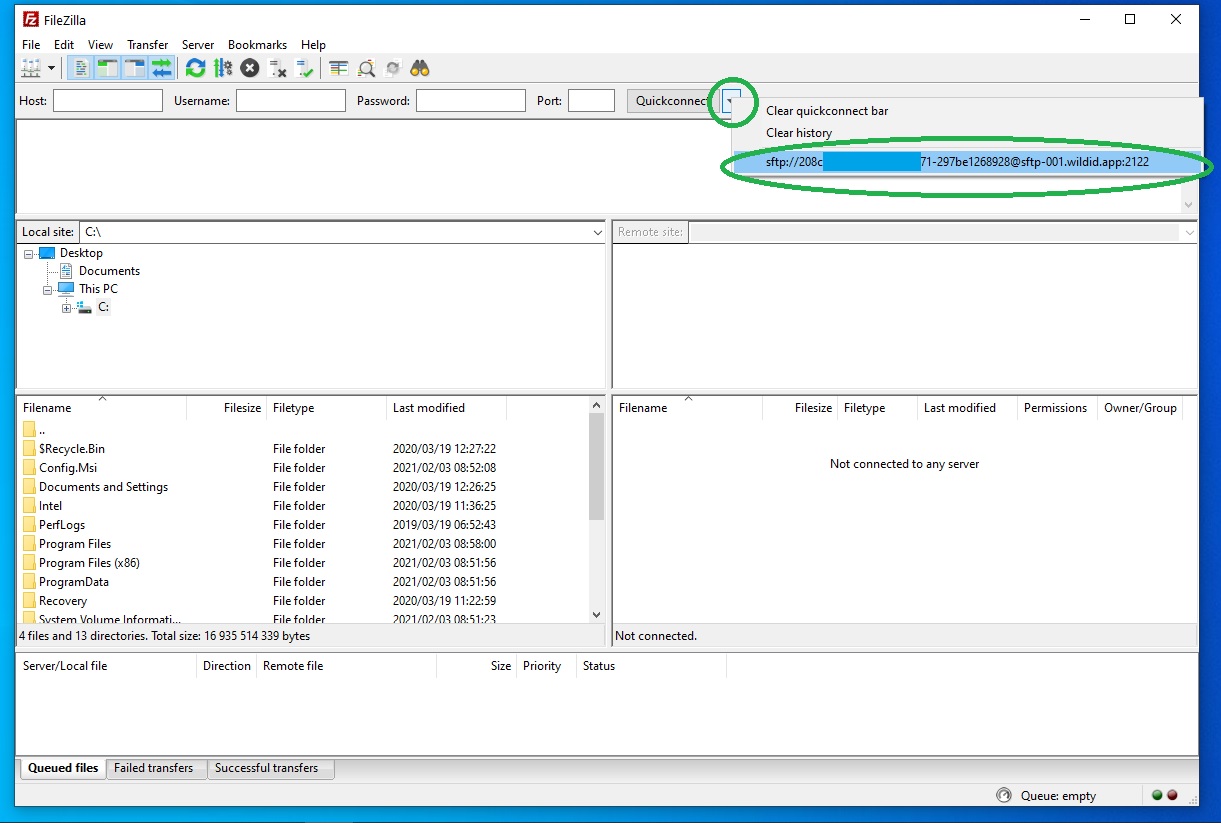 Example FileZilla screen showing SFTP bulk upload to WildID - recent connection in Quickconnect.