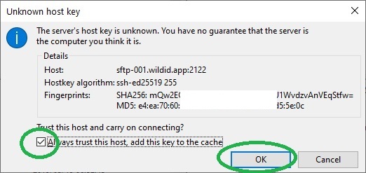 Example FileZilla screen showing SFTP bulk upload to WildID - unknown host key.