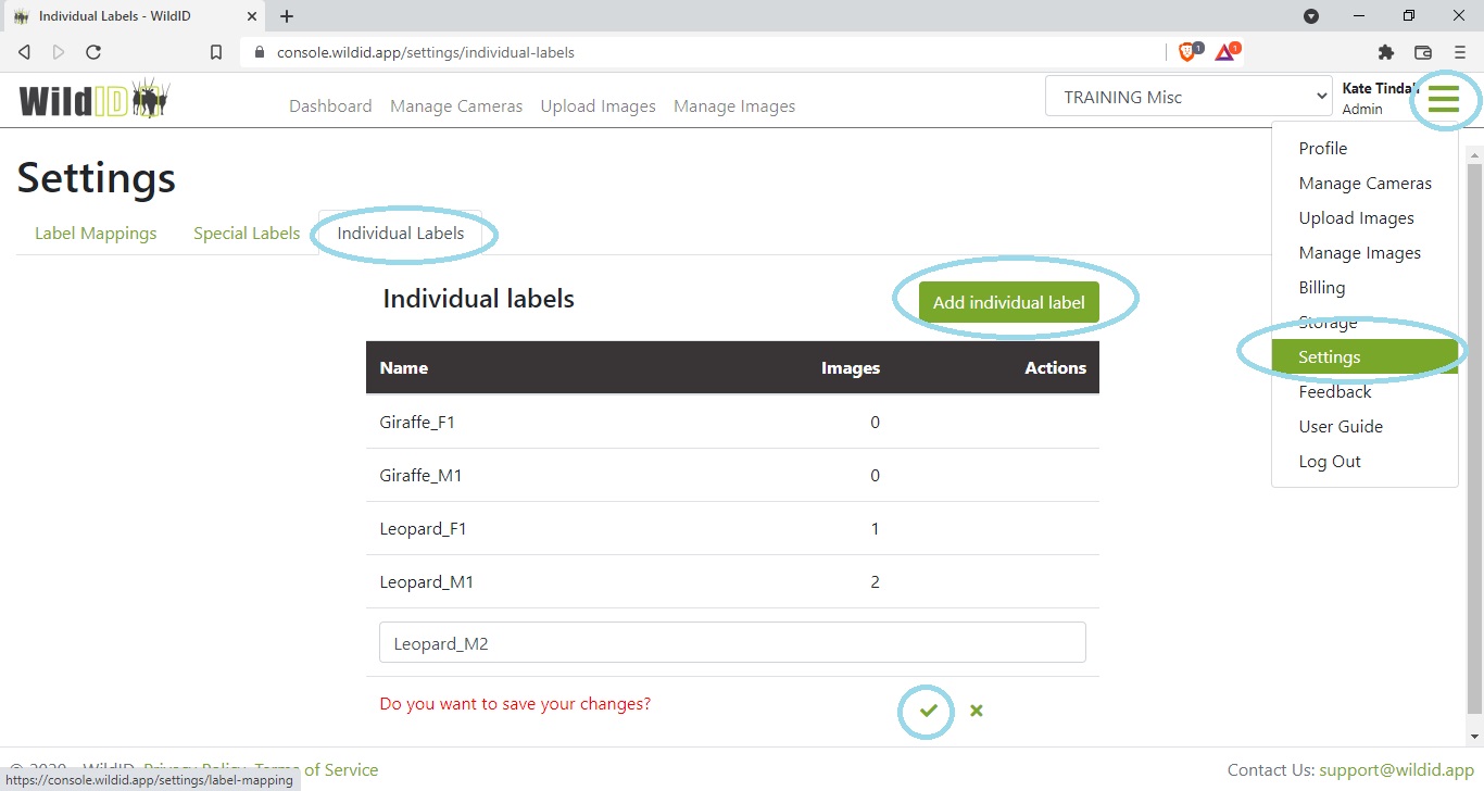 Example WildID Settings Page showing Individual Labels tab, and adding an individual label.