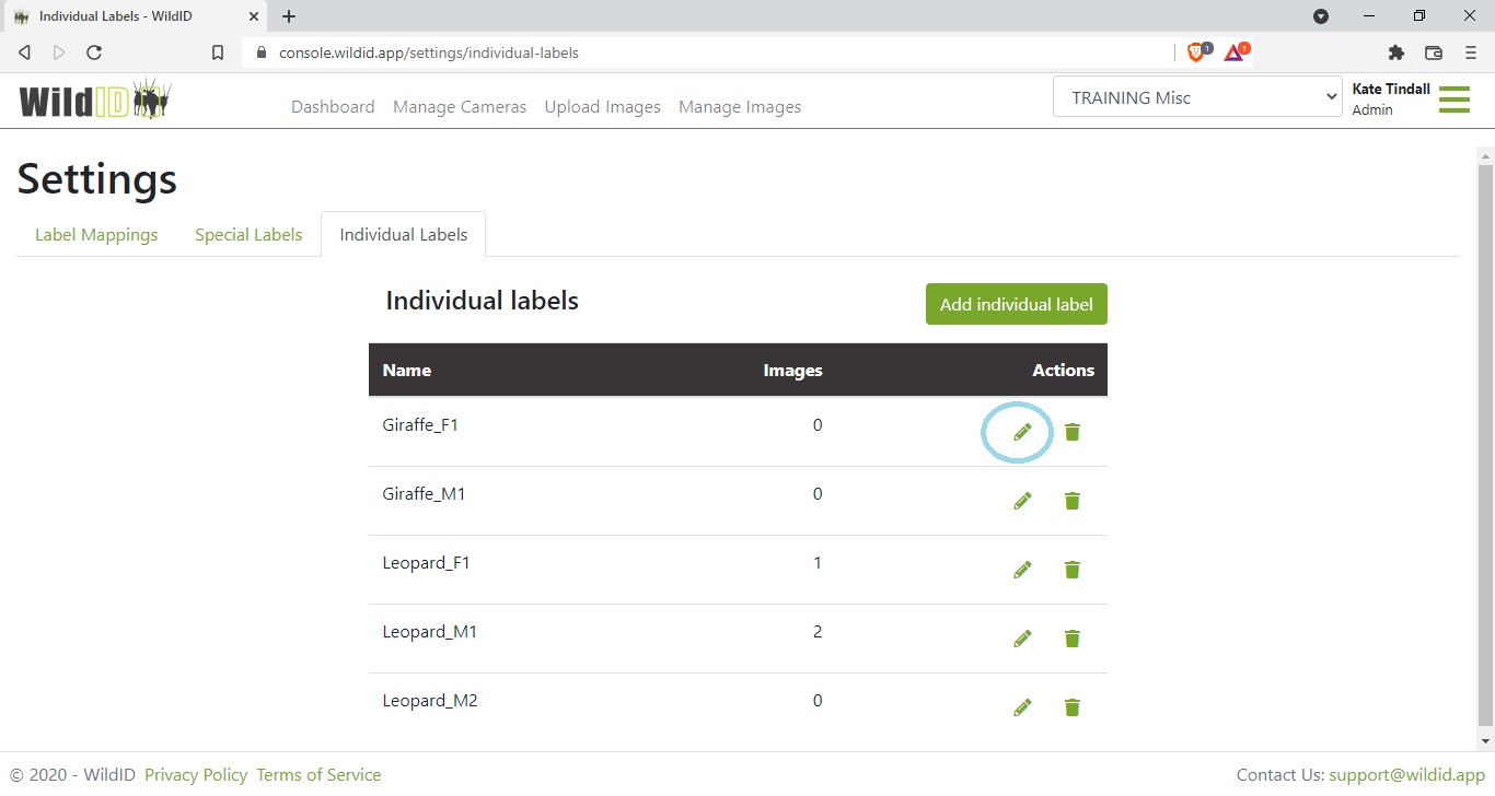 Example WildID Settings Page showing Individual Labels tab, and editing an individual label.