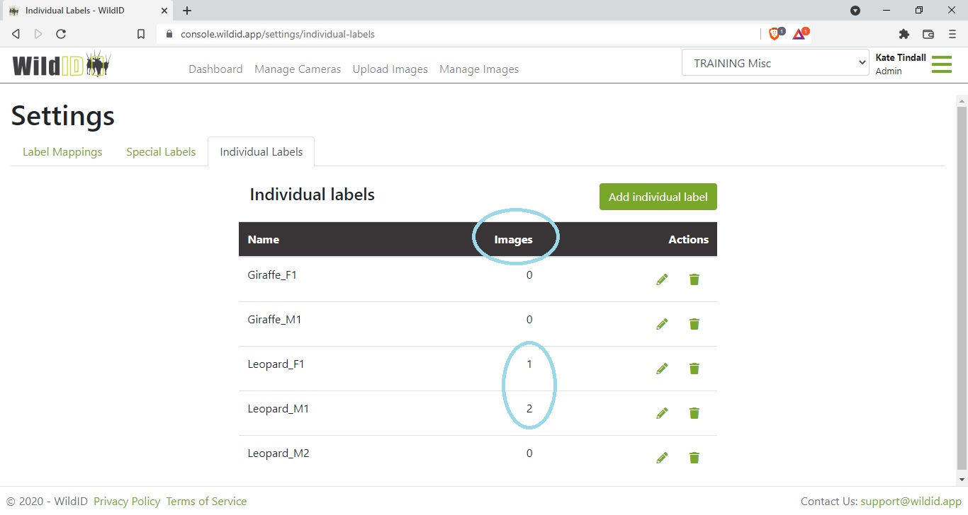 Example WildID Settings Page showing Individual Labels tab, and adding image counts per individual label.