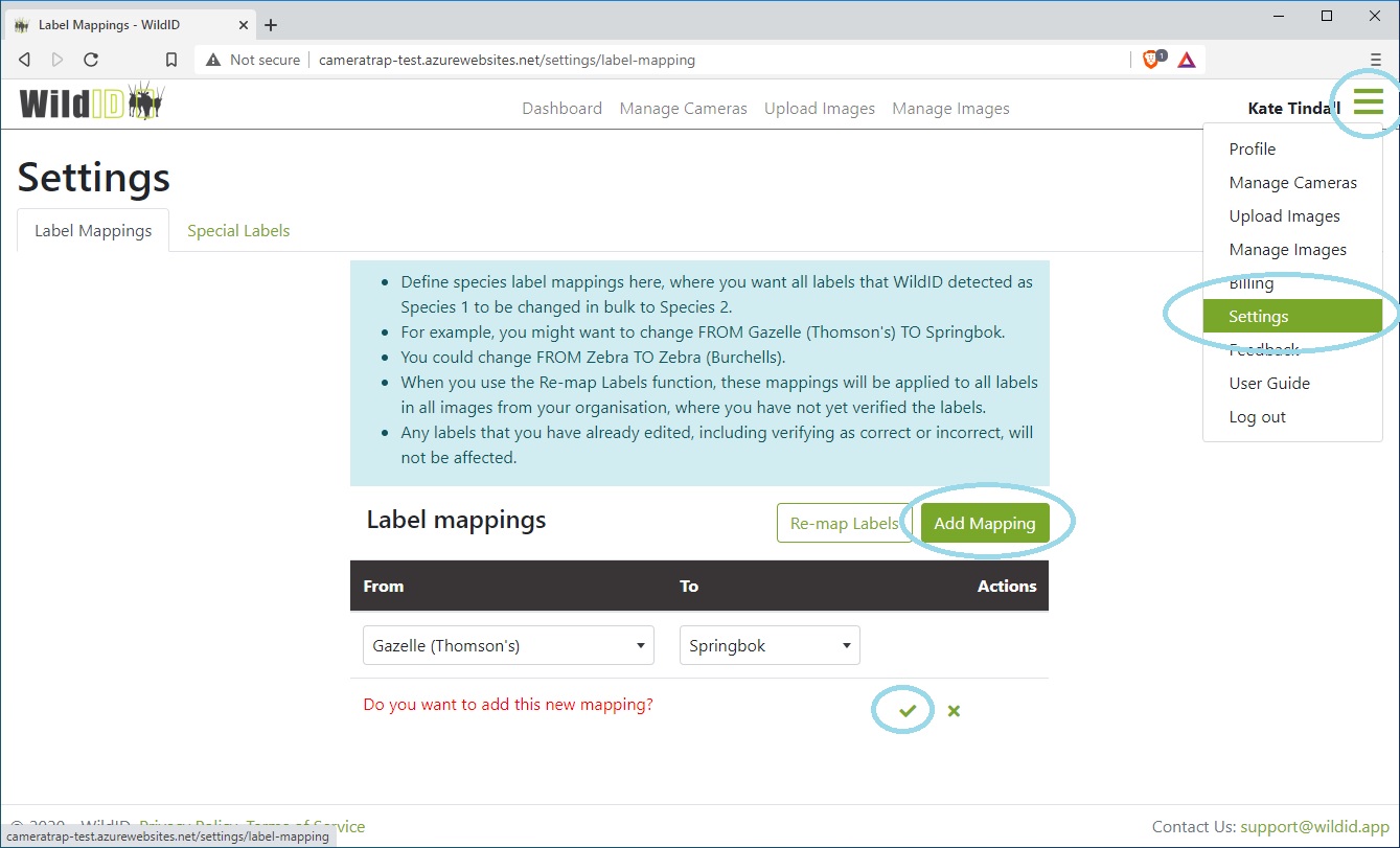 Example WildID screen, showing Settings page, adding species label mappings