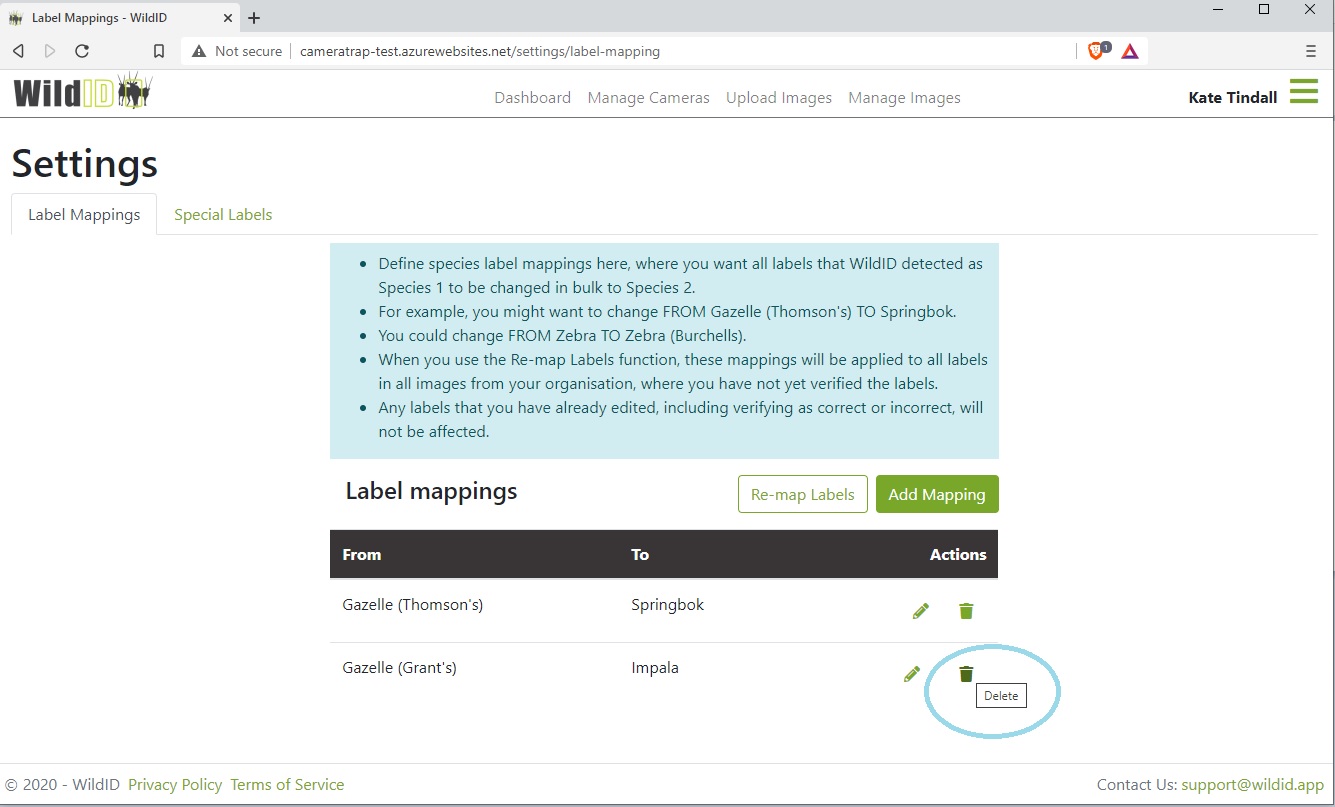 Example WildID screen, showing Settings page, deleting species label mappings