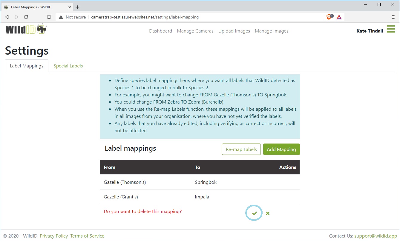 Example WildID screen, showing Settings page, deleting species label mappings