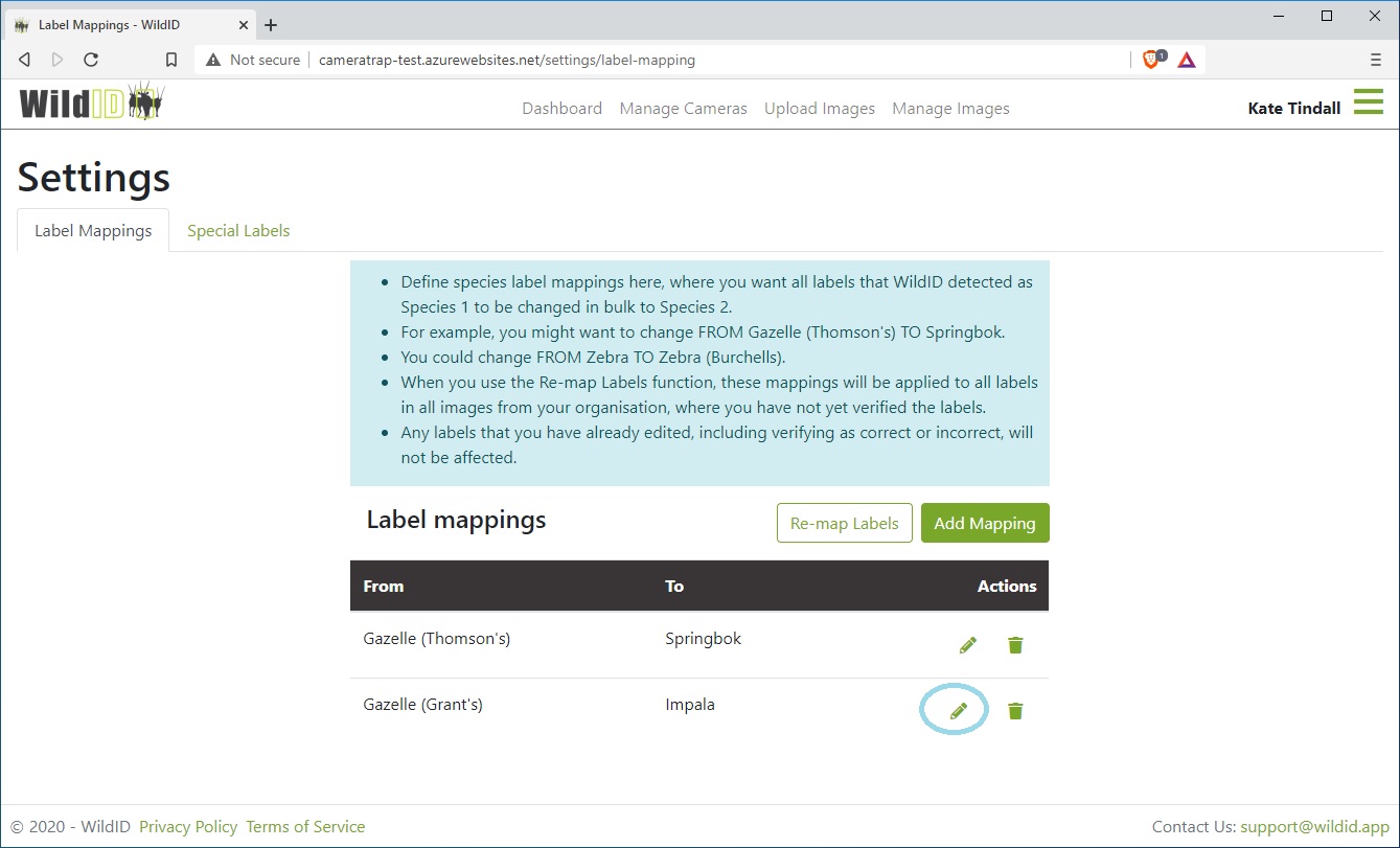 Example WildID screen, showing Settings page, editing species label mappings