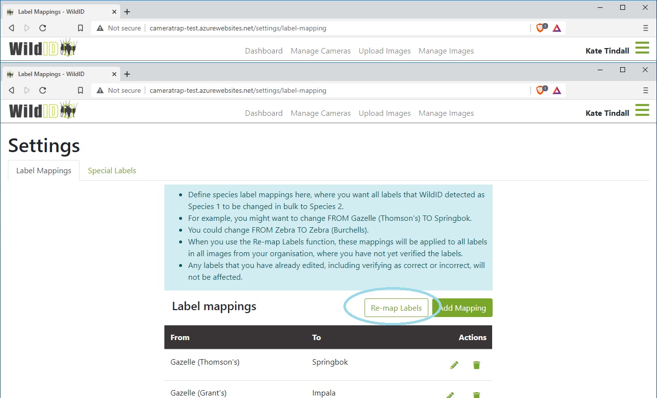 Example WildID screen, showing Settings page, re-map labels.