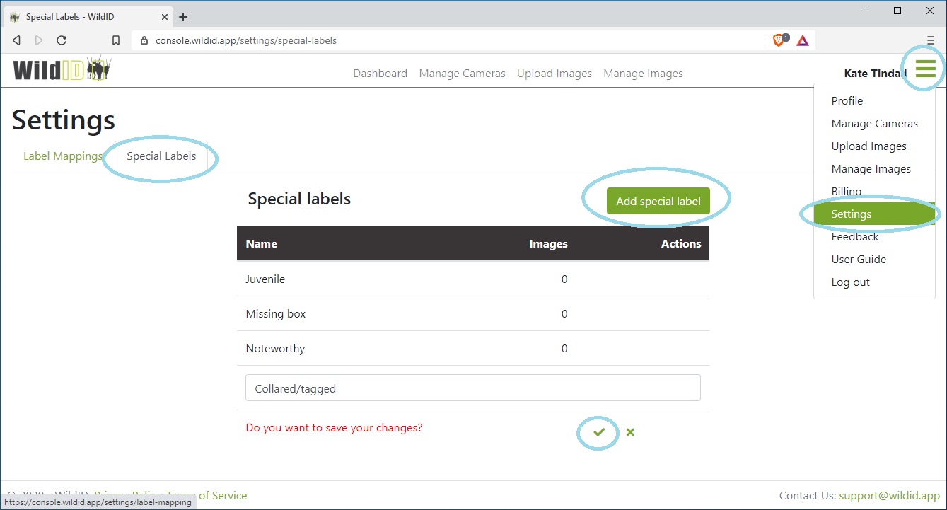 Example WildID Settings Page showing Special Labels tab, and adding a special label.