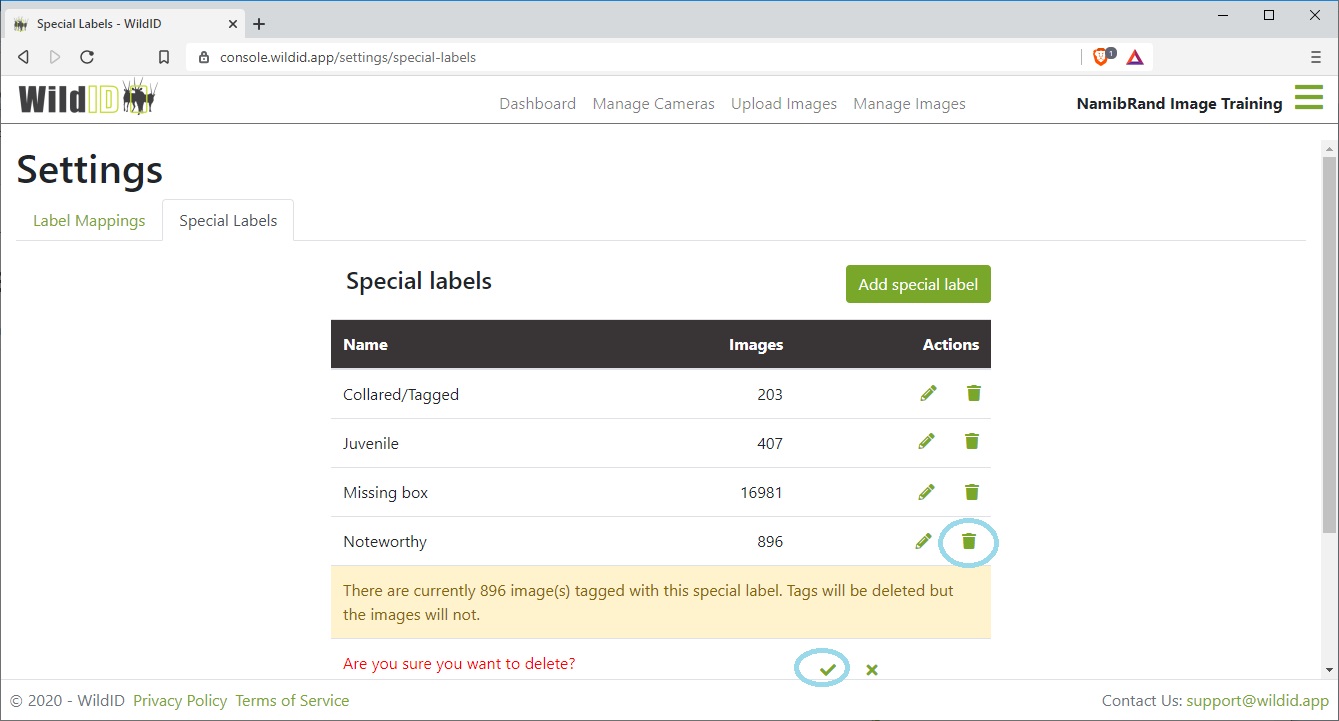 Example WildID Settings Page showing Special Labels tab, and deleting a special label.