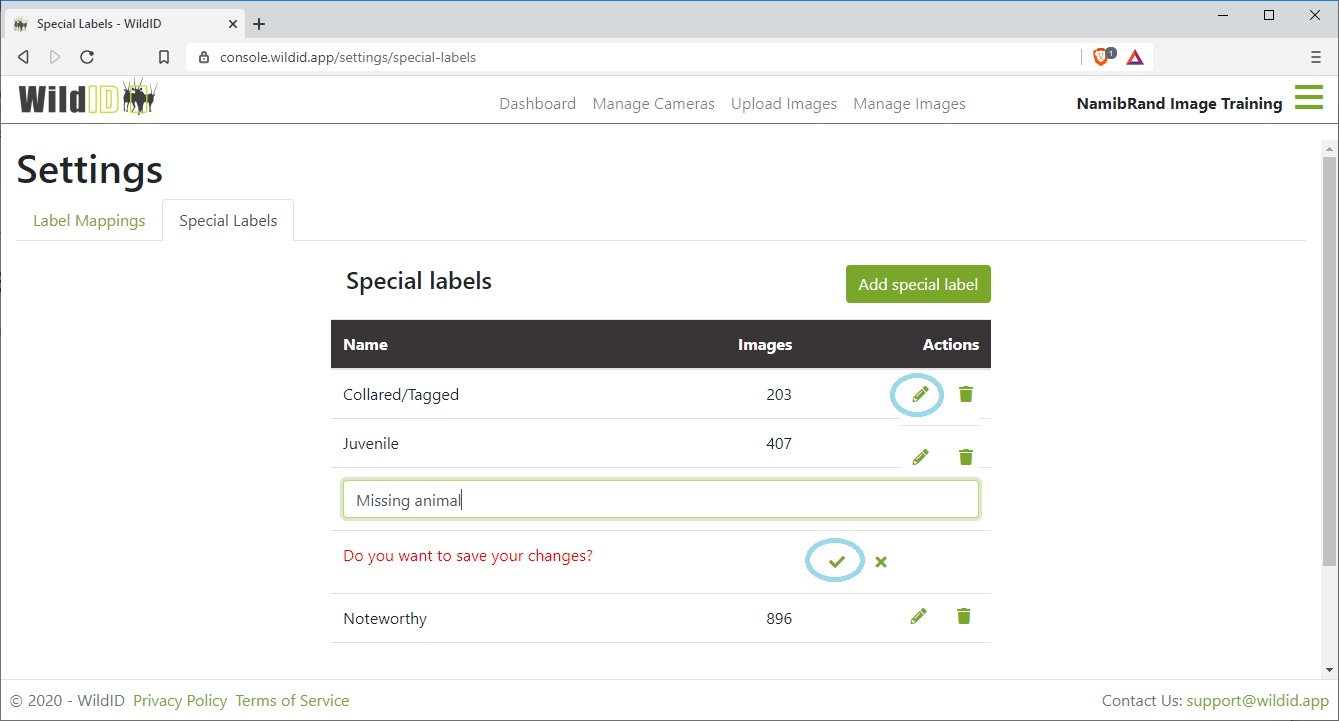 Example WildID Settings Page showing Special Labels tab, and editing a special label.