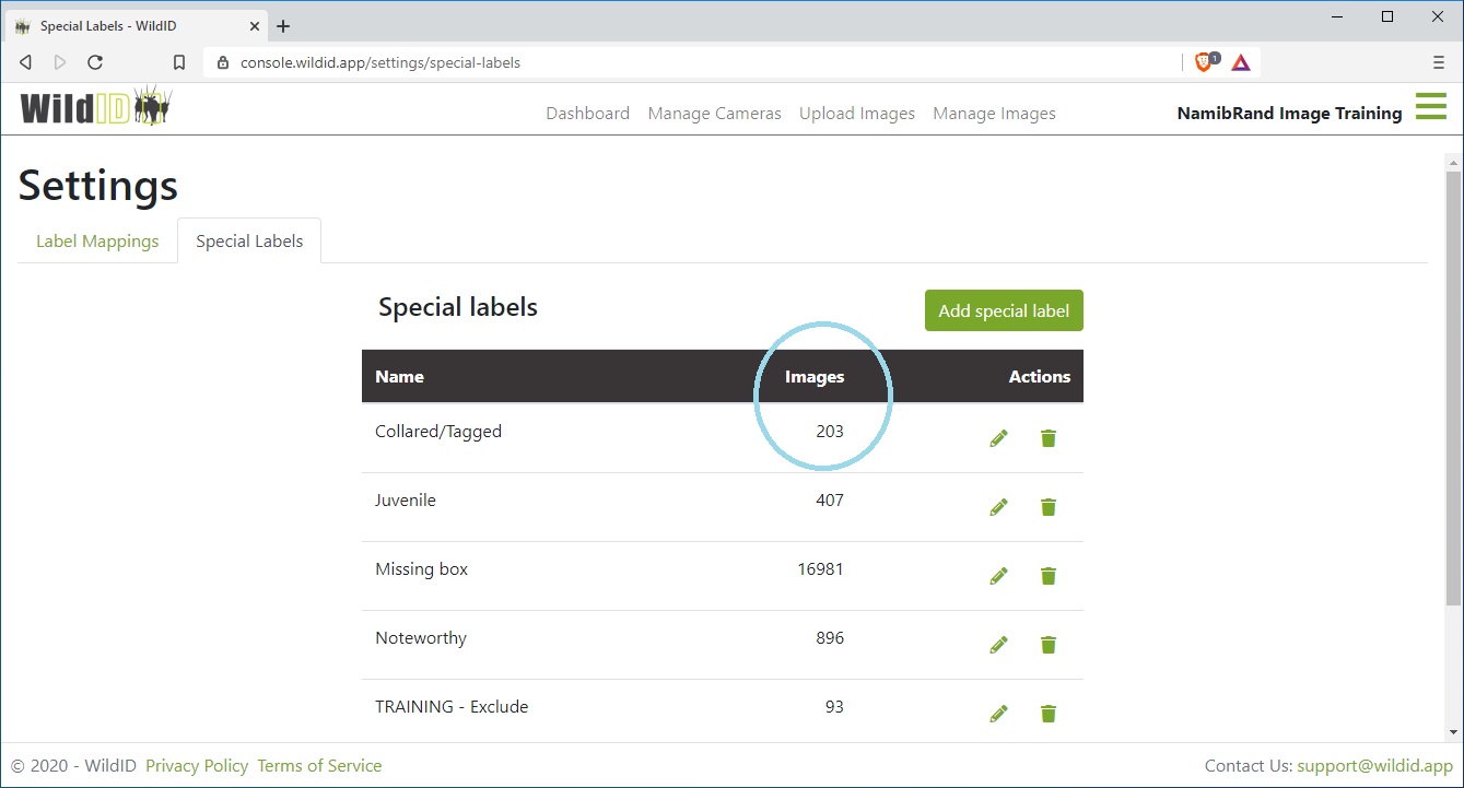 Example WildID Settings Page showing Special Labels tab, and adding image counts per special label.