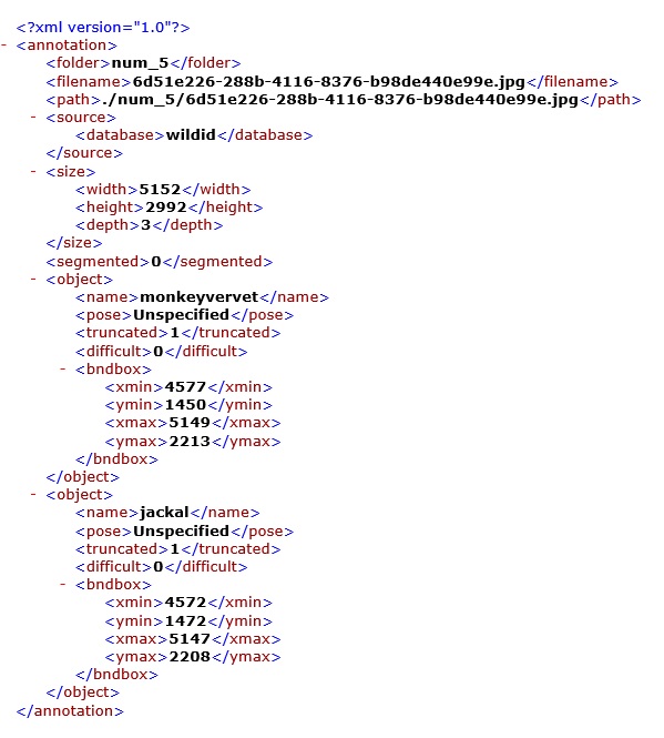 PASCAL VOC XML format for an image as exported by WildID.