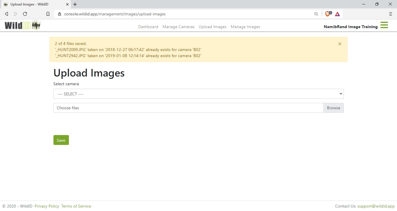 Example WildID image upload form showing warning of duplicate images not uploaded.